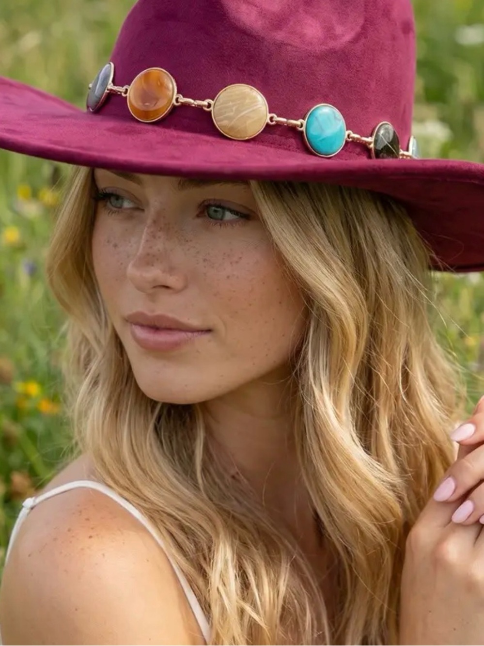 Women's Burgundy Faux Suede Multicolor Gem Cowgirl Hat NWT Stunning Gem 💎 Maxxin